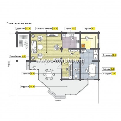 Проекты домов Альфаплан - Бревенчатый дом для отдыха с большой террасой - превью плана проекта №1
