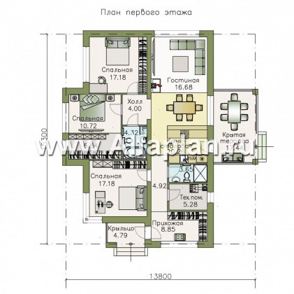 Проекты домов Альфаплан - «Грация» - современный компактный одноэтажный коттедж с террасой - превью плана проекта №1