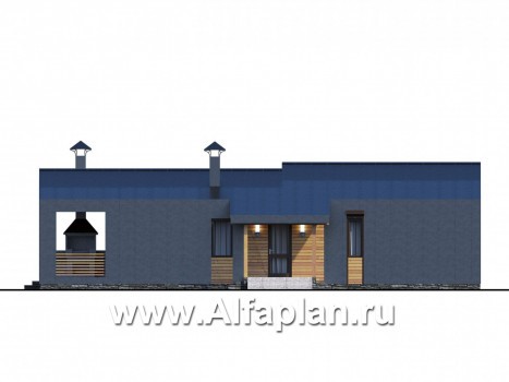 «Каппа» -  проект одноэтажного дома, с террасой, в стиле барн, 3 спальни или 2 спальни и сауна - превью фасада дома